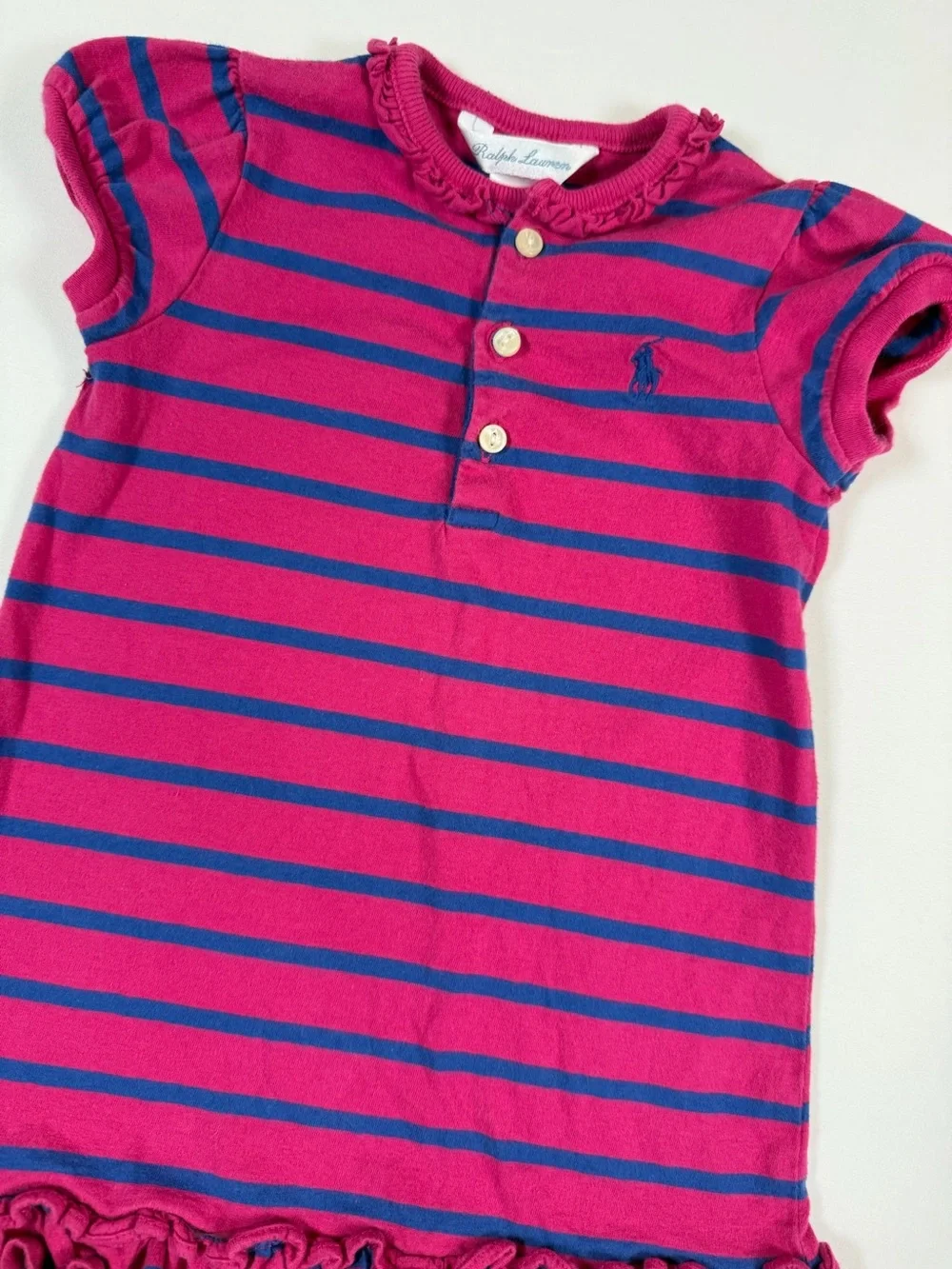 RALPH LAUREN Infant Pink Blue Striped Ruffle Hem Dress Baby Girl Size 12M Cotton